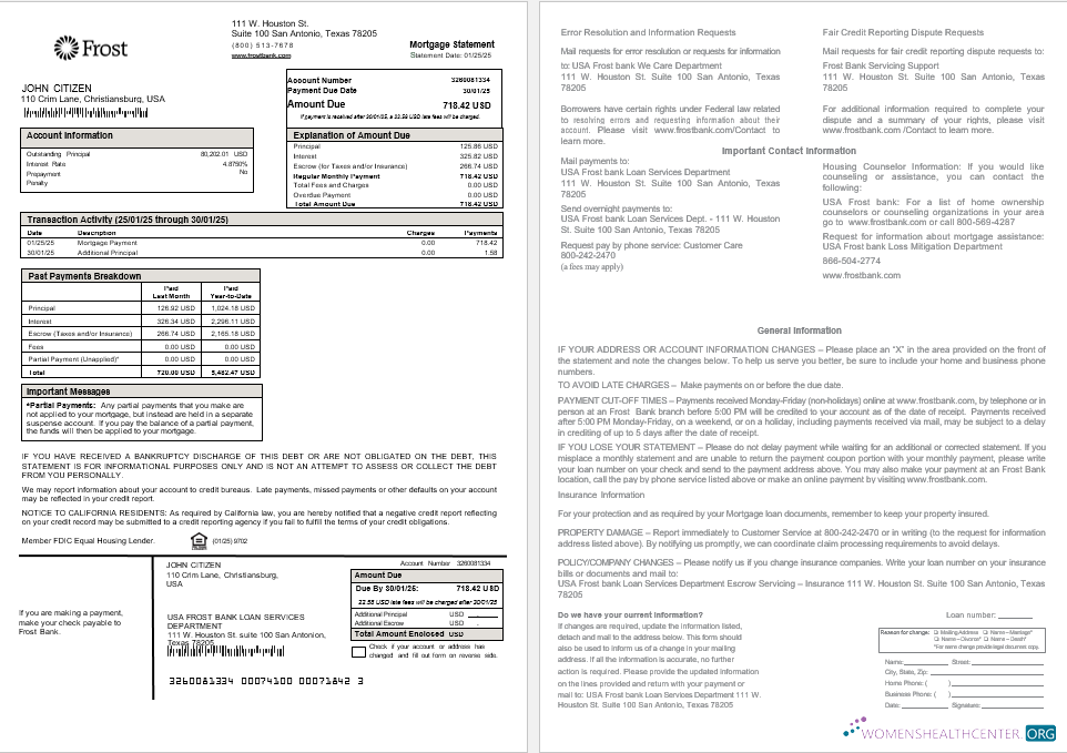 Download USA Frost bank mortgage statement in Word and PDF formats Photoshop template